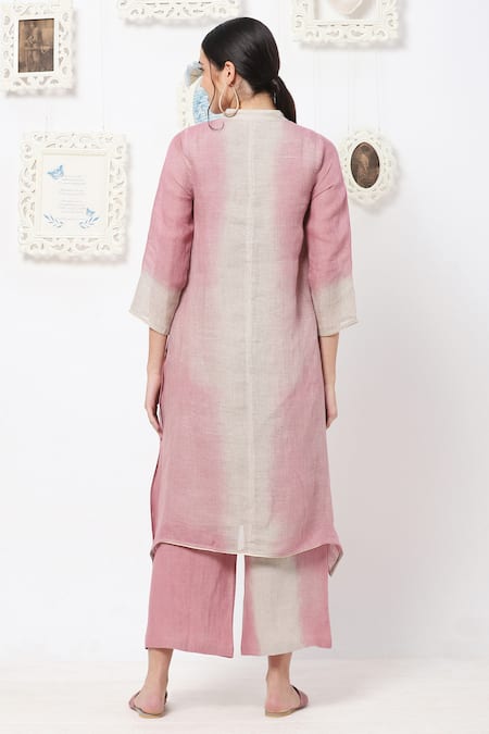 Shop Kaveri Pink Linen Studs Band Kurta And Pant Set at Aza Fashions Shop_Kaveri_Pink Linen Studs Band Kurta And Pant Set _at_Aza_Fashions