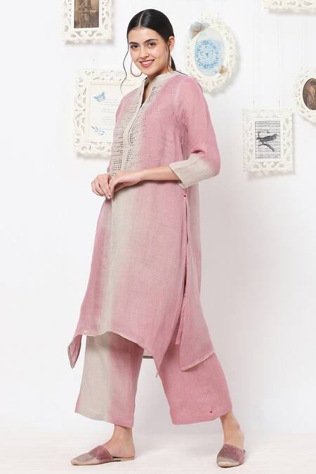 Kaveri Pink Linen Studs Band Kurta And Pant Set Online at Aza Fashions Kaveri_Pink Linen Studs Band Kurta And Pant Set _Online_at_Aza_Fashions