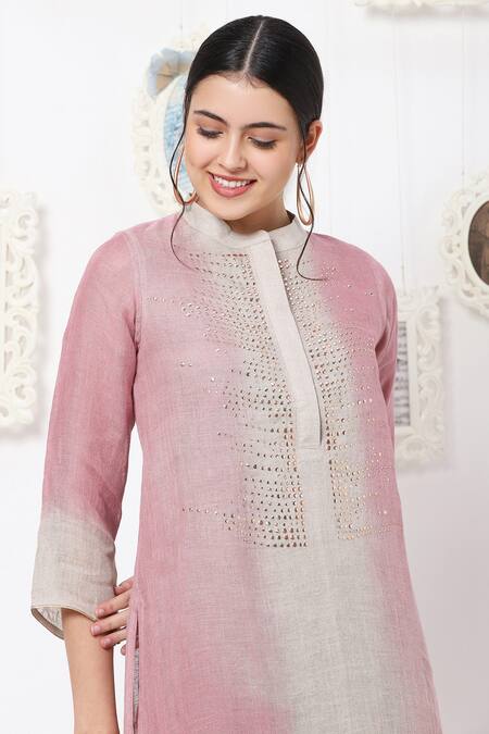 Buy Kaveri Pink Linen Studs Band Kurta And Pant Set Online at Aza Fashions Buy_Kaveri_Pink Linen Studs Band Kurta And Pant Set _Online_at_Aza_Fashions