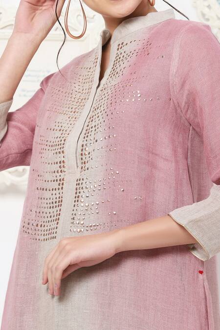 Kaveri Pink Linen Studs Band Kurta And Pant Set at Aza Fashions Kaveri_Pink Linen Studs Band Kurta And Pant Set _at_Aza_Fashions