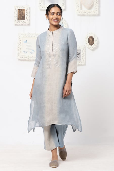 Kaveri Blue Linen Studs Band Kurta And Pant Set