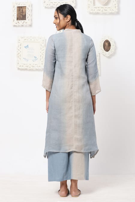 Shop Kaveri Blue Linen Studs Band Kurta And Pant Set at Aza Fashions Shop_Kaveri_Blue Linen Studs Band Kurta And Pant Set _at_Aza_Fashions