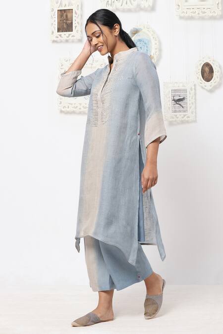 Kaveri Blue Linen Studs Band Kurta And Pant Set Online at Aza Fashions Kaveri_Blue Linen Studs Band Kurta And Pant Set _Online_at_Aza_Fashions