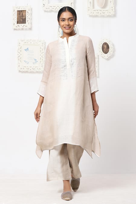 KAVERI Beige Linen Embellishment Studs Band Kurta And Pant Set  