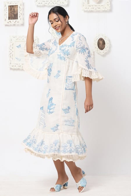 Kaveri White Linen Floral V Neck Midi Dress Online at Aza Fashions Kaveri_White Linen Floral V Neck Midi Dress _Online_at_Aza_Fashions