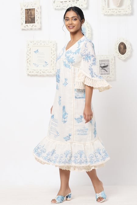 Buy Kaveri White Linen Floral V Neck Midi Dress Online at Aza Fashions Buy_Kaveri_White Linen Floral V Neck Midi Dress _Online_at_Aza_Fashions