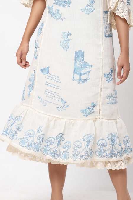 Shop Kaveri White Linen Floral V Neck Midi Dress Online at Aza Fashions Shop_Kaveri_White Linen Floral V Neck Midi Dress _Online_at_Aza_Fashions