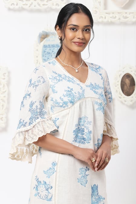 Kaveri White Linen Floral V Neck Midi Dress at Aza Fashions Kaveri_White Linen Floral V Neck Midi Dress _at_Aza_Fashions