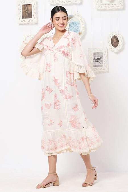 Kaveri_White Linen Floral V Neck Midi Dress_Online_at_Aza_Fashions
