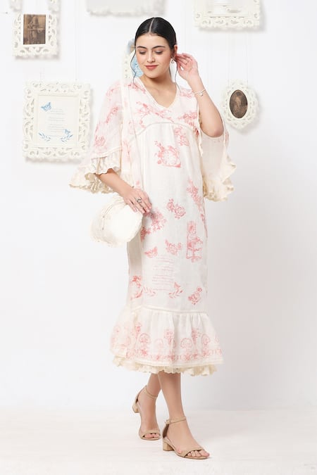 Buy_Kaveri_White Linen Floral V Neck Midi Dress_Online_at_Aza_Fashions