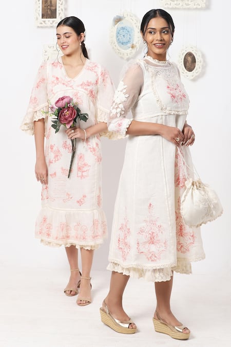 Kaveri_White Linen Floral V Neck Midi Dress_at_Aza_Fashions