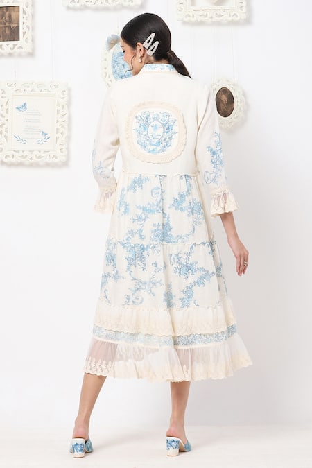 Shop Kaveri White Linen Floral Round Midi Dress With Jacket at Aza Fashions Shop_Kaveri_White Linen Floral Round Midi Dress With Jacket _at_Aza_Fashions