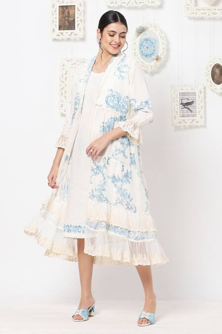 Buy Kaveri White Linen Floral Round Midi Dress With Jacket Online at Aza Fashions Buy_Kaveri_White Linen Floral Round Midi Dress With Jacket _Online_at_Aza_Fashions