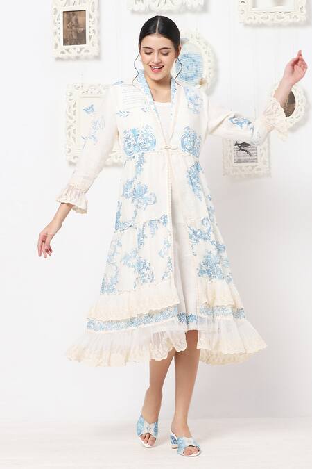 Shop Kaveri White Linen Floral Round Midi Dress With Jacket Online at Aza Fashions Shop_Kaveri_White Linen Floral Round Midi Dress With Jacket _Online_at_Aza_Fashions