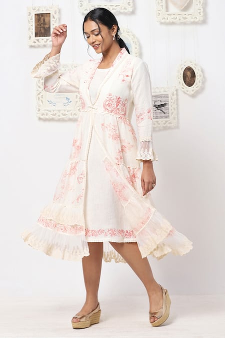 Kaveri_White Linen Floral Round Midi Dress With Jacket_Online_at_Aza_Fashions