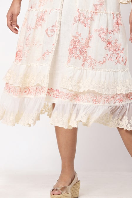 Buy_Kaveri_White Linen Floral Round Midi Dress With Jacket_Online_at_Aza_Fashions