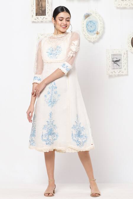 Buy Kaveri White Linen Floral High Neck Midi Dress Online at Aza Fashions Buy_Kaveri_White Linen Floral High Neck Midi Dress _Online_at_Aza_Fashions