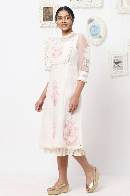 Kaveri_White Linen Floral High Neck Midi Dress _Online_at_Aza_Fashions