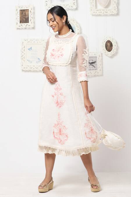 Buy_Kaveri_White Linen Floral High Neck Midi Dress _Online_at_Aza_Fashions