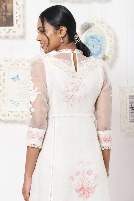 Kaveri_White Linen Floral High Neck Midi Dress _at_Aza_Fashions