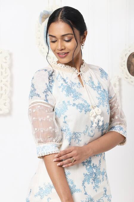 Buy Kaveri White Linen Floral Band Print Pant Set Online at Aza Fashions Buy_Kaveri_White Linen Floral Band Print Pant Set _Online_at_Aza_Fashions