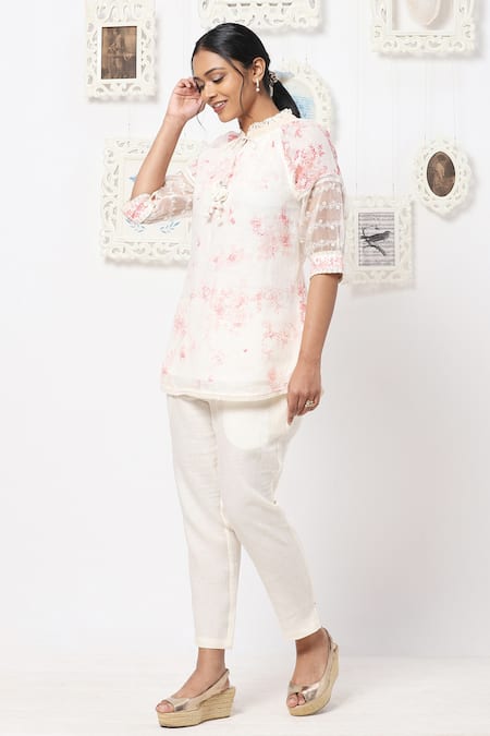 Kaveri White Linen Floral Band Print Pant Set