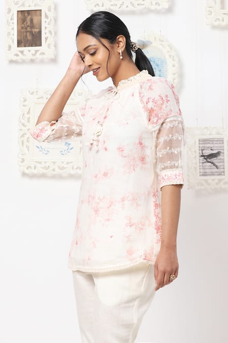 Kaveri_White Linen Floral Band Print Pant Set_Online_at_Aza_Fashions
