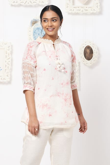 Buy_Kaveri_White Linen Floral Band Print Pant Set_Online_at_Aza_Fashions