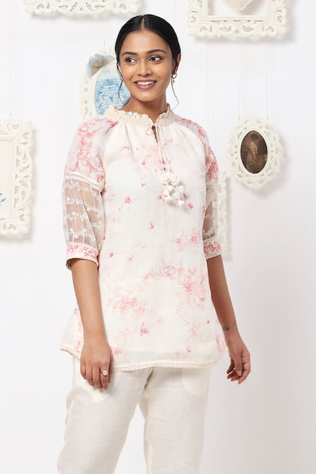 Shop_Kaveri_White Linen Floral Band Print Pant Set_Online_at_Aza_Fashions