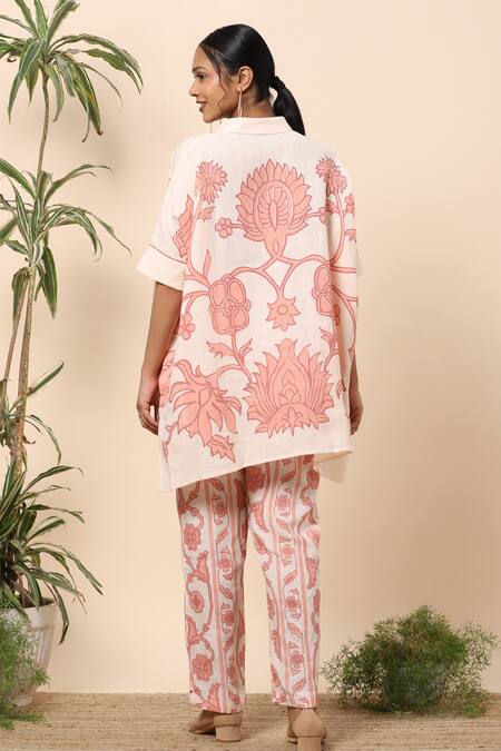 Shop Kaveri Beige Linen Tapestry Print Collared Neck Tunic And Pant Set at Aza Fashions Shop_Kaveri_Beige Linen Tapestry Print Collared Neck Tunic And Pant Set_at_Aza_Fashions