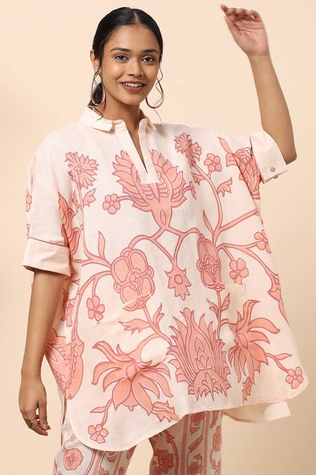 Kaveri Beige Linen Tapestry Print Collared Neck Tunic And Pant Set Online at Aza Fashions Kaveri_Beige Linen Tapestry Print Collared Neck Tunic And Pant Set_Online_at_Aza_Fashions