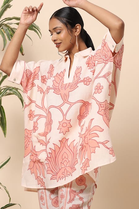 Buy Kaveri Beige Linen Tapestry Print Collared Neck Tunic And Pant Set Online at Aza Fashions Buy_Kaveri_Beige Linen Tapestry Print Collared Neck Tunic And Pant Set_Online_at_Aza_Fashions