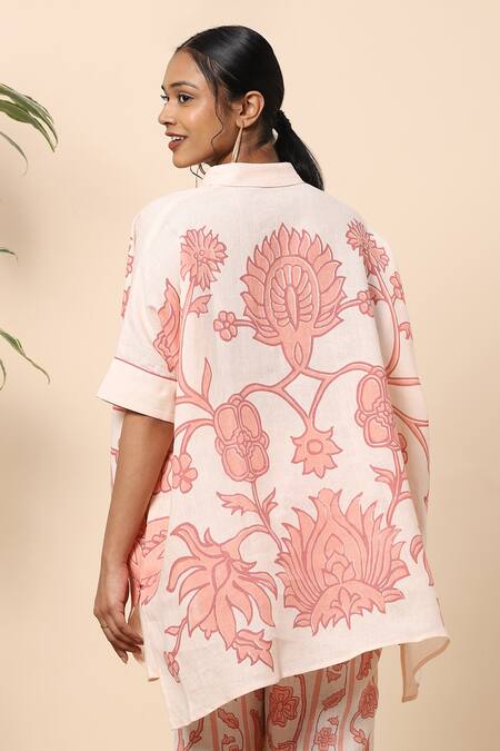 Shop Kaveri Beige Linen Tapestry Print Collared Neck Tunic And Pant Set Online at Aza Fashions Shop_Kaveri_Beige Linen Tapestry Print Collared Neck Tunic And Pant Set_Online_at_Aza_Fashions