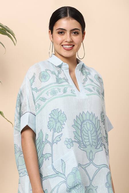 Kaveri Blue Linen Tapestry Print Collared Neck Midi Dress Online at Aza Fashions Kaveri_Blue Linen Tapestry Print Collared Neck Midi Dress_Online_at_Aza_Fashions