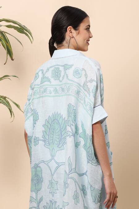 Buy Kaveri Blue Linen Tapestry Print Collared Neck Midi Dress Online at Aza Fashions Buy_Kaveri_Blue Linen Tapestry Print Collared Neck Midi Dress_Online_at_Aza_Fashions