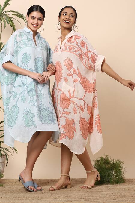 Shop Kaveri Blue Linen Tapestry Print Collared Neck Midi Dress Online at Aza Fashions Shop_Kaveri_Blue Linen Tapestry Print Collared Neck Midi Dress_Online_at_Aza_Fashions