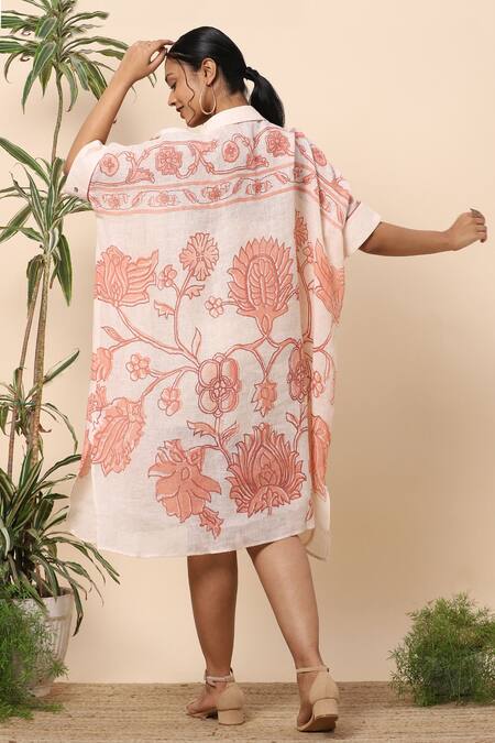 Shop Kaveri Beige Linen Tapestry Print Collared Neck Midi Dress at Aza Fashions Shop_Kaveri_Beige Linen Tapestry Print Collared Neck Midi Dress_at_Aza_Fashions