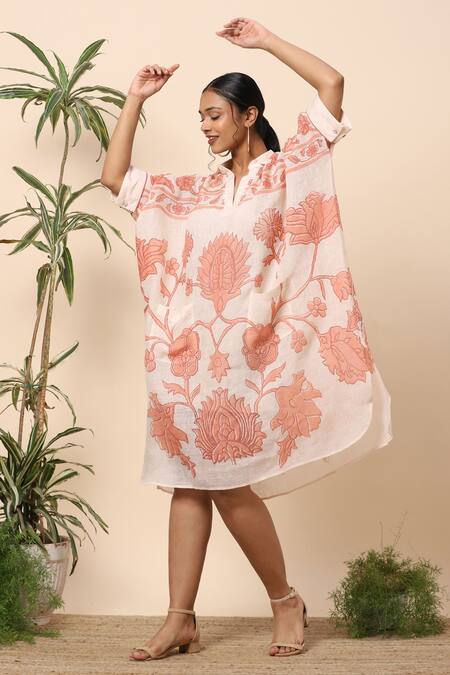 Kaveri Beige Linen Tapestry Print Collared Neck Midi Dress Online at Aza Fashions Kaveri_Beige Linen Tapestry Print Collared Neck Midi Dress_Online_at_Aza_Fashions