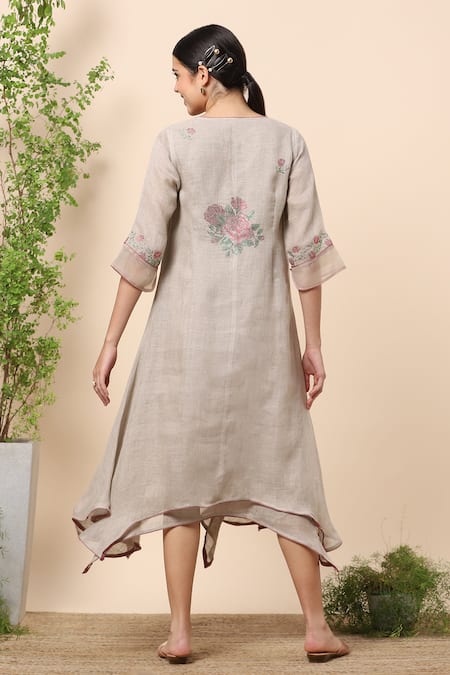 Shop Kaveri Brown Linen Crystals Round Layered Dress at Aza Fashions Shop_Kaveri_Brown Linen Crystals Round Layered Dress _at_Aza_Fashions