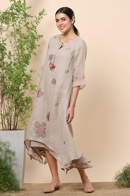 Kaveri Brown Linen Crystals Round Layered Dress Online at Aza Fashions Kaveri_Brown Linen Crystals Round Layered Dress _Online_at_Aza_Fashions