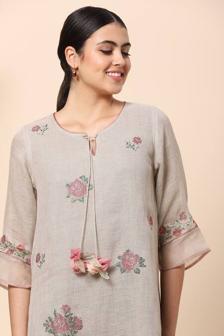 Shop Kaveri Brown Linen Crystals Round Layered Dress Online at Aza Fashions Shop_Kaveri_Brown Linen Crystals Round Layered Dress _Online_at_Aza_Fashions