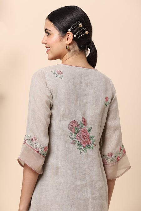 Kaveri Brown Linen Crystals Round Layered Dress at Aza Fashions Kaveri_Brown Linen Crystals Round Layered Dress _at_Aza_Fashions