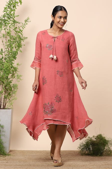 Kaveri Pink Linen Crystals Round Layered Dress