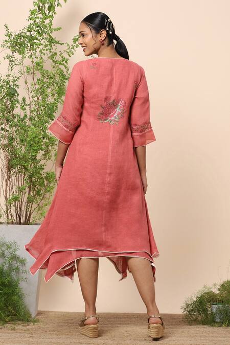 Shop Kaveri Pink Linen Crystals Round Layered Dress at Aza Fashions Shop_Kaveri_Pink Linen Crystals Round Layered Dress _at_Aza_Fashions
