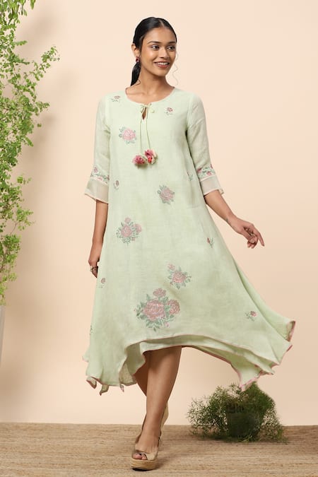 Kaveri Green Linen Crystals Round Layered Dress