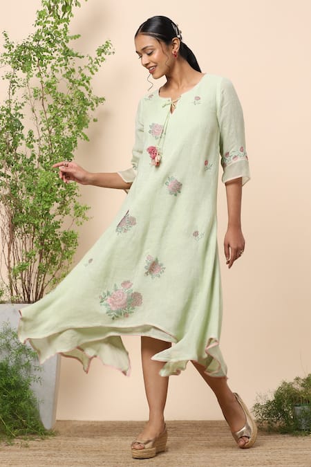 Kaveri Green Linen Crystals Round Layered Dress Online at Aza Fashions Kaveri_Green Linen Crystals Round Layered Dress _Online_at_Aza_Fashions