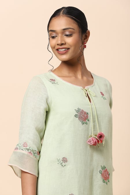 Buy Kaveri Green Linen Crystals Round Layered Dress Online at Aza Fashions Buy_Kaveri_Green Linen Crystals Round Layered Dress _Online_at_Aza_Fashions