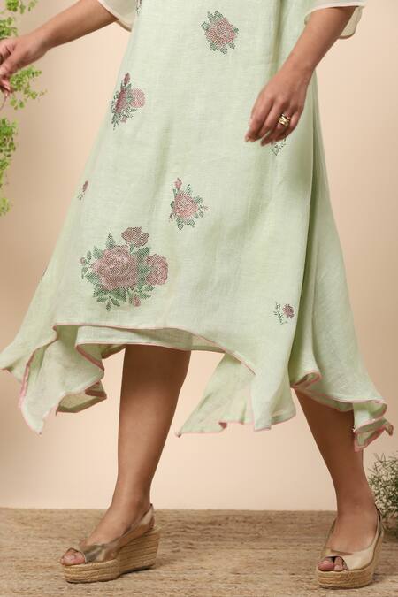 Shop Kaveri Green Linen Crystals Round Layered Dress Online at Aza Fashions Shop_Kaveri_Green Linen Crystals Round Layered Dress _Online_at_Aza_Fashions