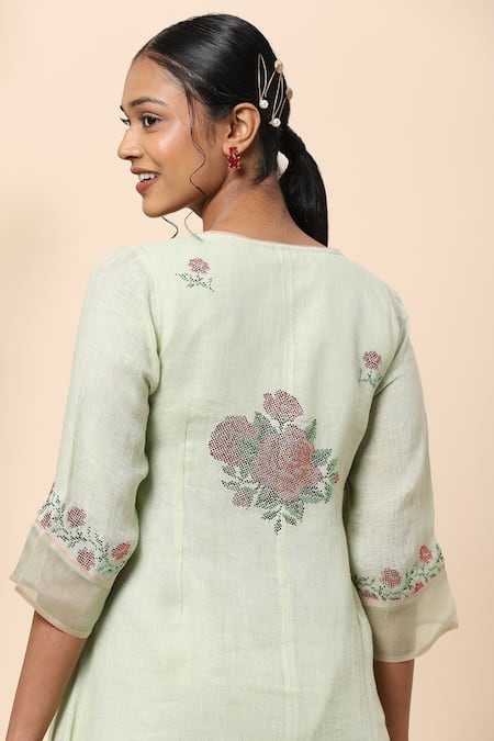 Kaveri Green Linen Crystals Round Layered Dress at Aza Fashions Kaveri_Green Linen Crystals Round Layered Dress _at_Aza_Fashions