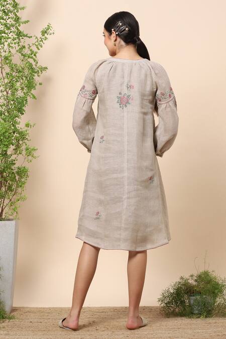 Shop Kaveri Beige Linen Crystals Notched Dress at Aza Fashions Shop_Kaveri_Beige Linen Crystals Notched Dress _at_Aza_Fashions